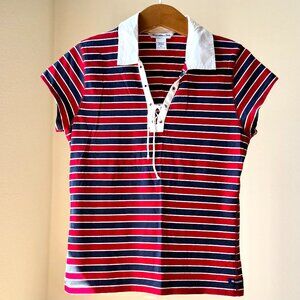 Vintage 90s Abercrombie Striped Polo Lace-Up Preppy Tee XS-S Y2K Aesthetic RARE